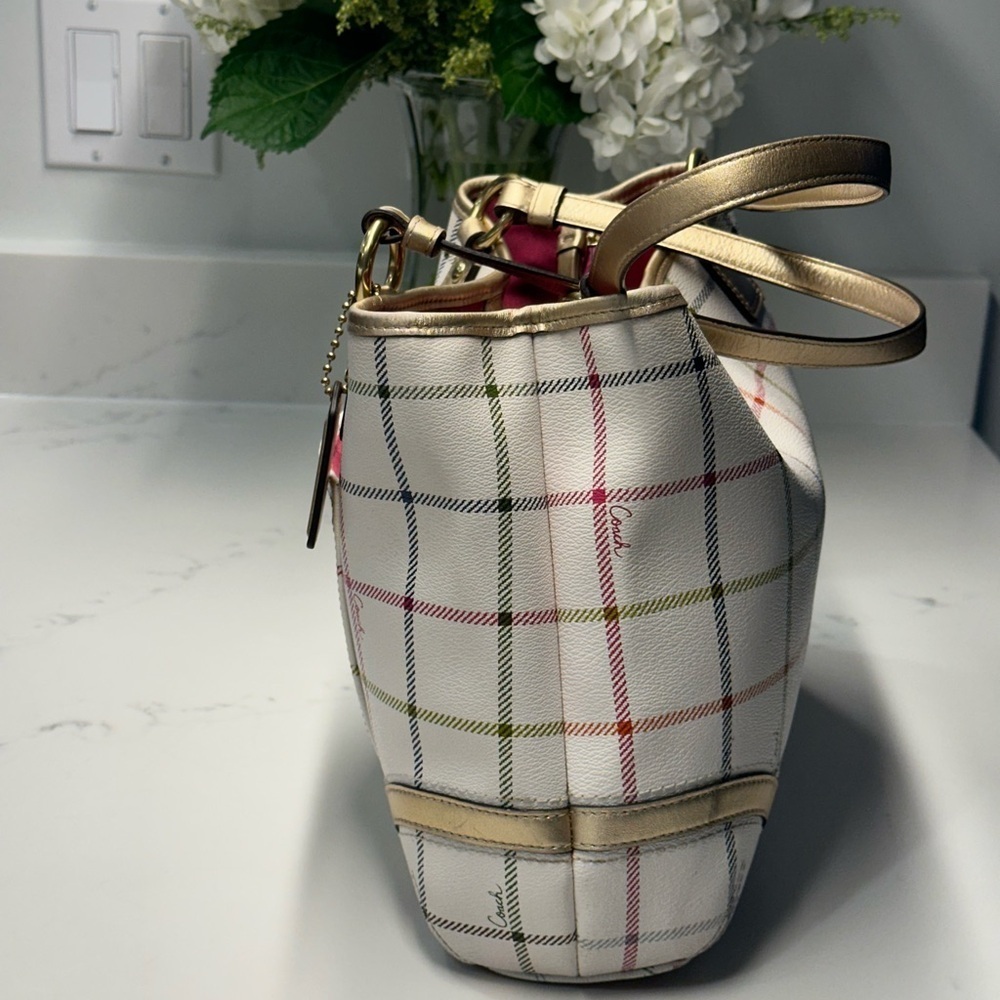 Coach Peyton Tattersall Plaid Rainbow White Shoulder/Tote Bag - Picture 2 of 16